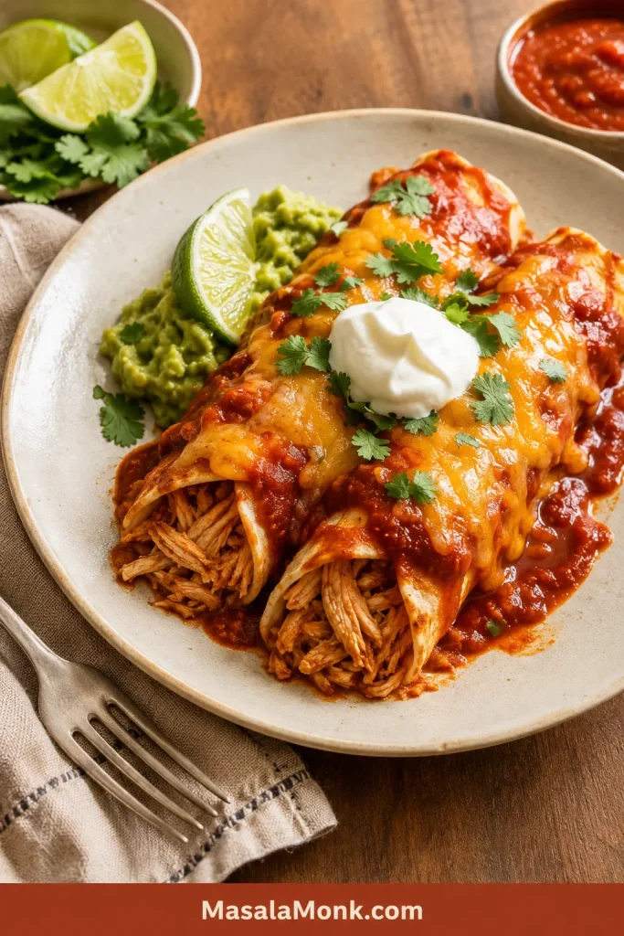 Two chicken enchiladas on an off-white plate with red sauce, melted cheese, sour cream, cilantro, lime, and guacamole.