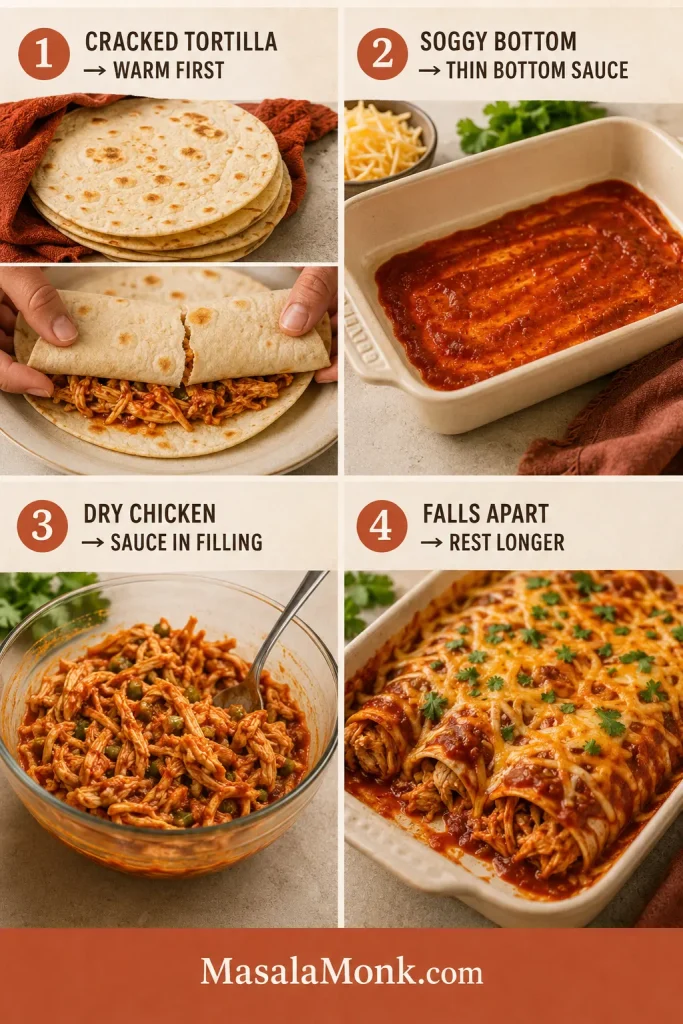 Four-panel chicken enchilada troubleshooting guide showing fixes for cracked tortillas, soggy bottoms, dry chicken filling, and enchiladas falling apart.