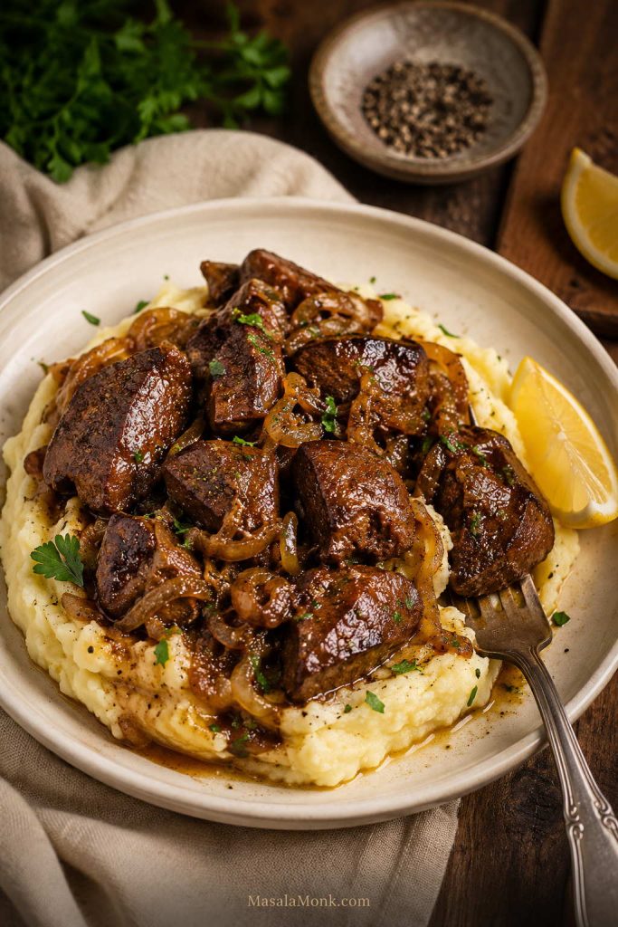 Chicken liver and onions served over creamy mashed potatoes with lemon, herbs, and pan juices.