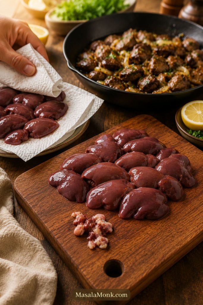 Chicken livers being prepared with paper towels nearby and a finished skillet of cooked livers in the background.