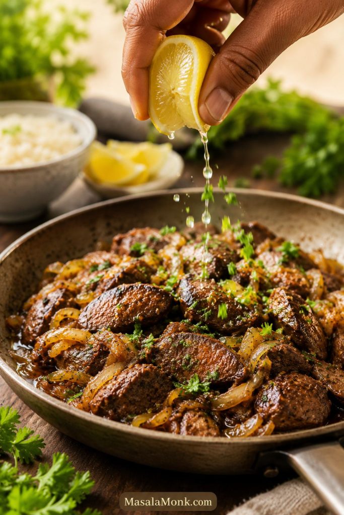 Lemon and fresh herbs being added to cooked chicken livers and onions in a skillet.