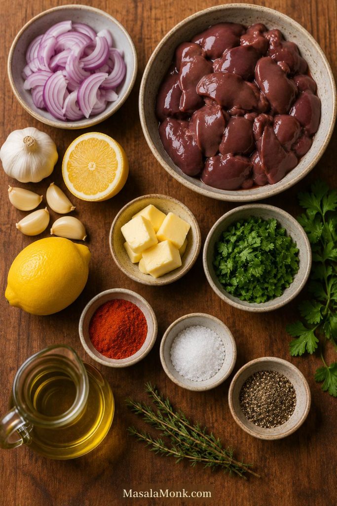 Ingredients for chicken liver with onions, including chicken livers, garlic, lemon, butter, herbs, paprika, salt, pepper, and oil.
