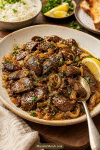 Finished chicken livers with golden onions, lemon wedges, herbs, and glossy pan juices in a warm serving dish.