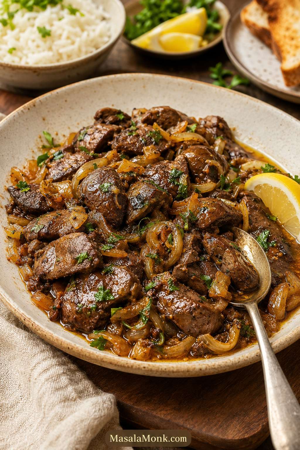 Finished chicken livers with golden onions, lemon wedges, herbs, and glossy pan juices in a warm serving dish.