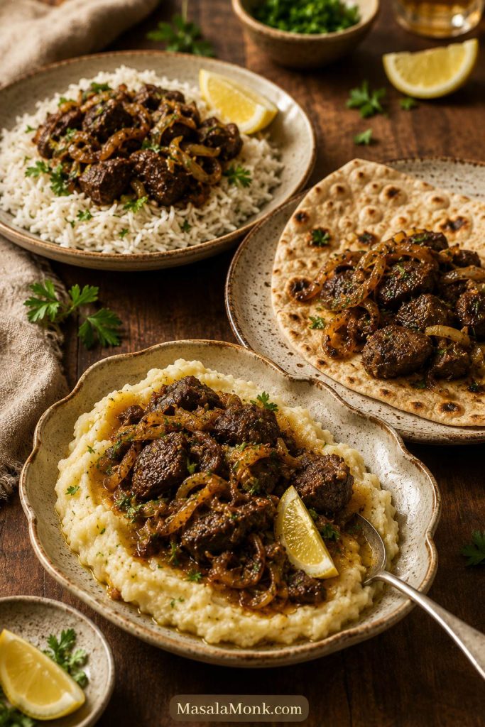 Chicken liver served in different ways with rice, roti, and mashed potatoes on a warm table.