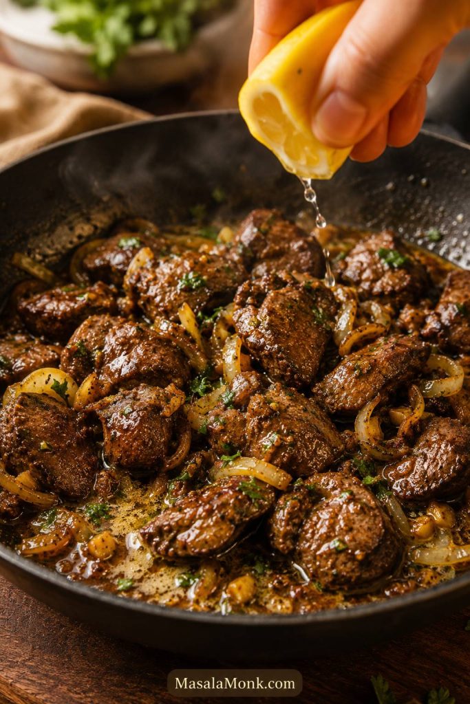 Skillet of cooked chicken livers with onions, garlic, melted butter, lemon, herbs, and pan juices.