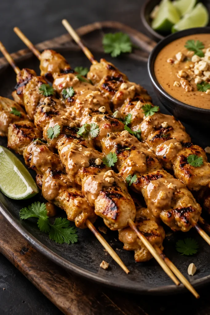 Grilled chicken satay skewers with peanut sauce, lime wedges, herbs and crushed peanuts.