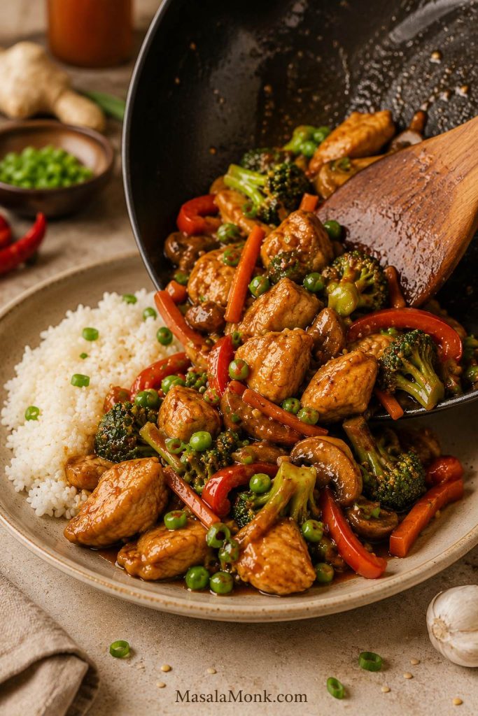 Chicken stir-fry being served from a wok onto rice, with broccoli, carrots, peppers, mushrooms, peas, and glossy brown sauce.