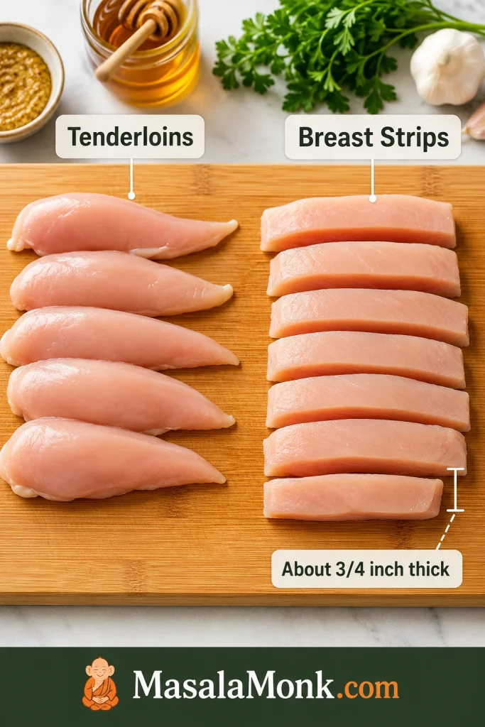 Raw chicken tenderloins and sliced chicken breast strips arranged side by side on a cutting board with a 3/4 inch thickness label.