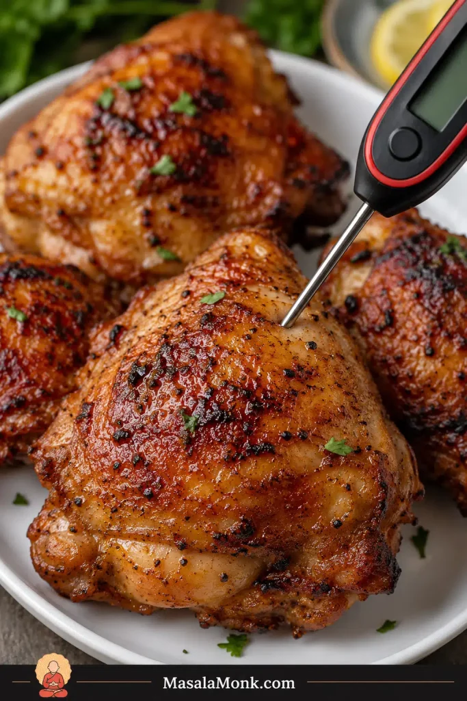 Instant-read thermometer inserted into the thickest part of a cooked chicken thigh.