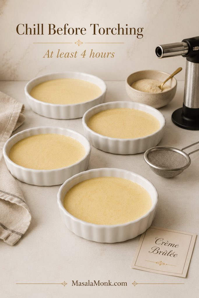Untorched crème brûlée ramekins with smooth pale custard surfaces, ready to chill before adding sugar and torching.