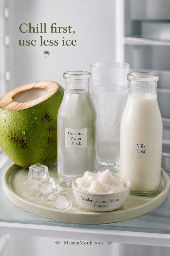 Chilled coconut water, milk, glasses, and tender coconut malai prepared for making coconut shake.