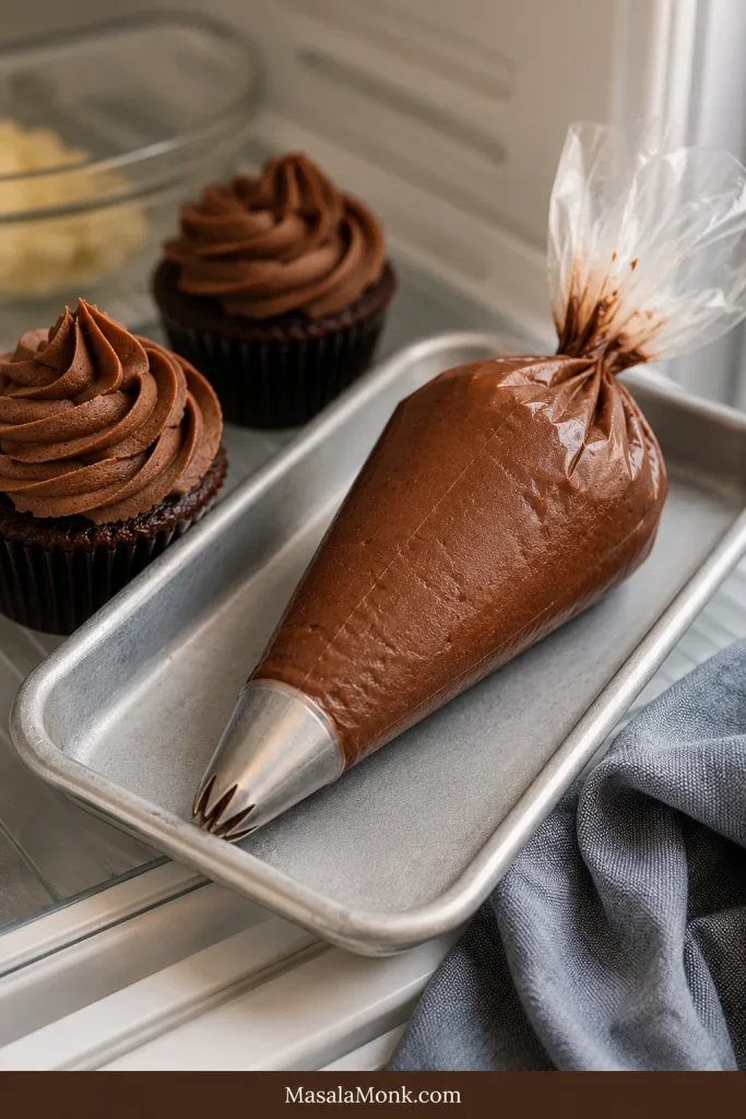 Filled piping bag of chocolate cream cheese frosting resting on a chilled tray with frosted cupcakes nearby.