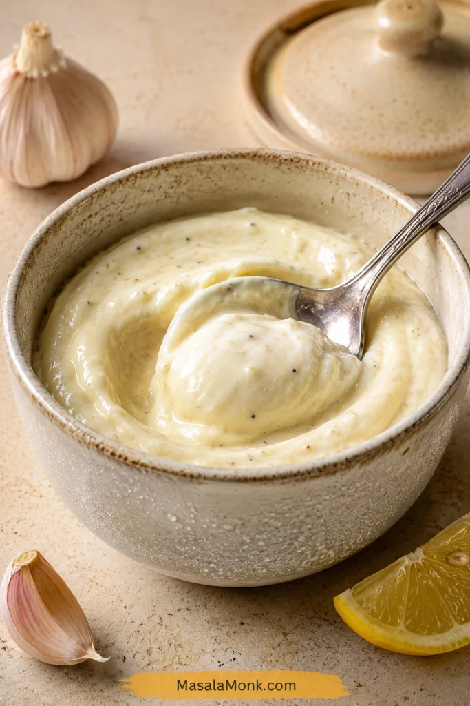 Chilled garlic aioli in a bowl with a spoon groove showing thicker texture, with garlic and lemon nearby.