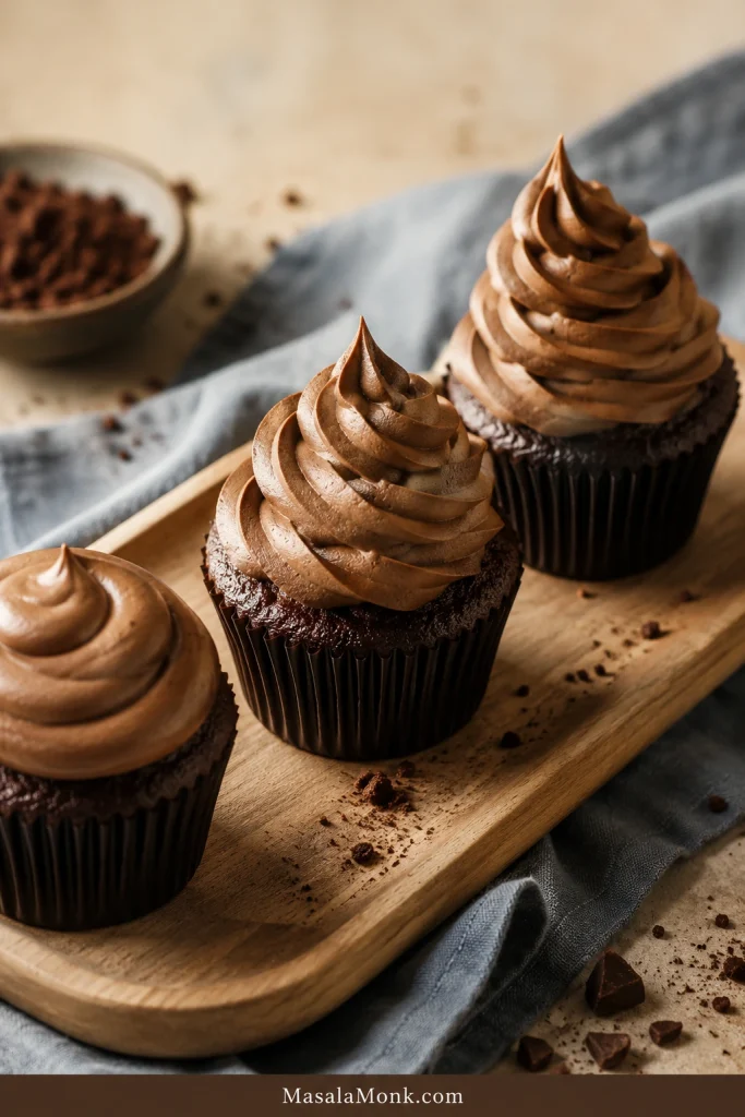 Three chocolate cupcakes with different heights of chocolate cream cheese frosting swirls.