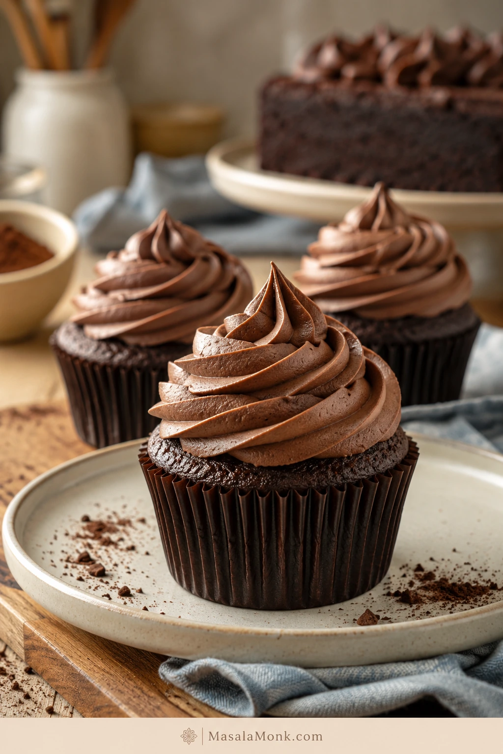 Chocolate cupcakes topped with soft swirls of chocolate cream cheese frosting on a light wooden board.