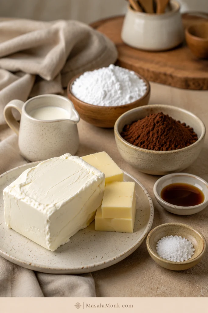 Cream cheese, butter, cocoa powder, powdered sugar, vanilla, salt, and cream arranged on a kitchen counter.