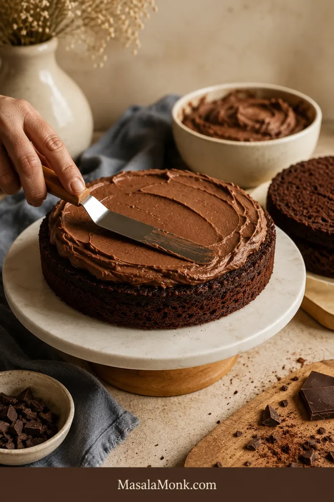 Chocolate cream cheese frosting being spread in a moderate layer on a round chocolate cake layer.