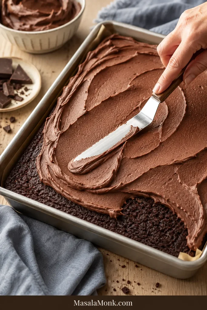 Chocolate cream cheese frosting being spread over a rectangular sheet cake with an offset spatula.