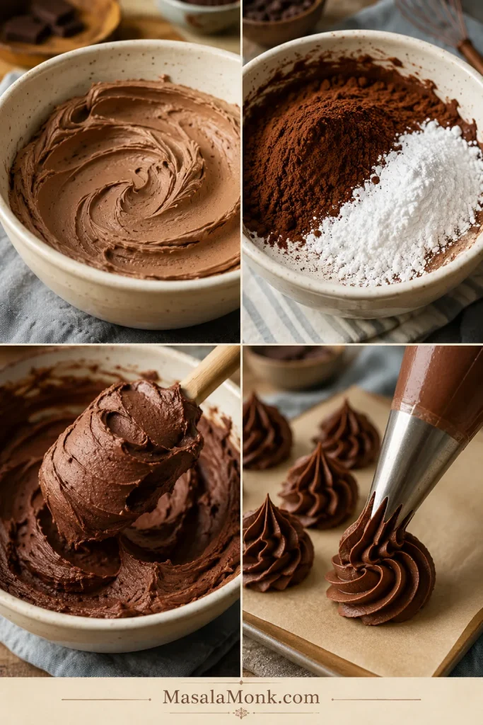 Four visual stages of chocolate cream cheese frosting showing smooth base, dry stage, mounded texture, and piped ridges.
