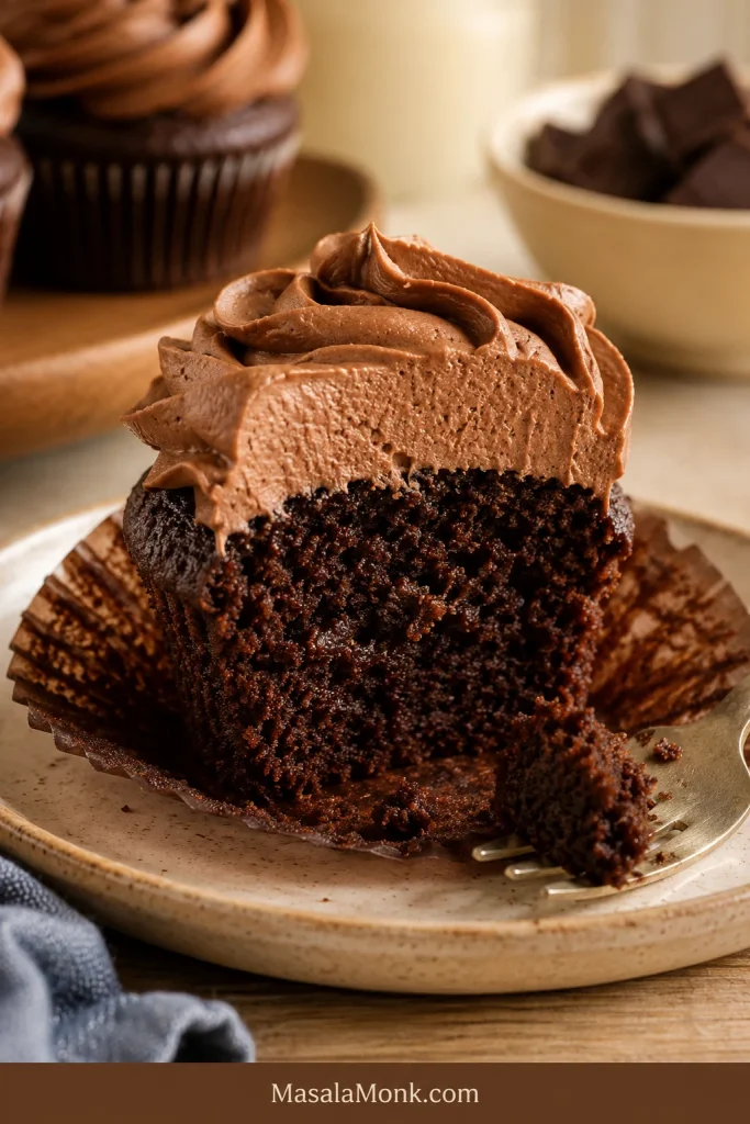 Cut chocolate cupcake with a thick creamy cap of chocolate cream cheese frosting on top.