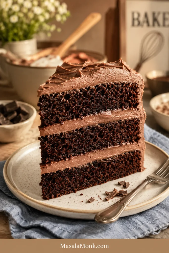 Chocolate layer cake slice filled and topped with chocolate cream cheese frosting.