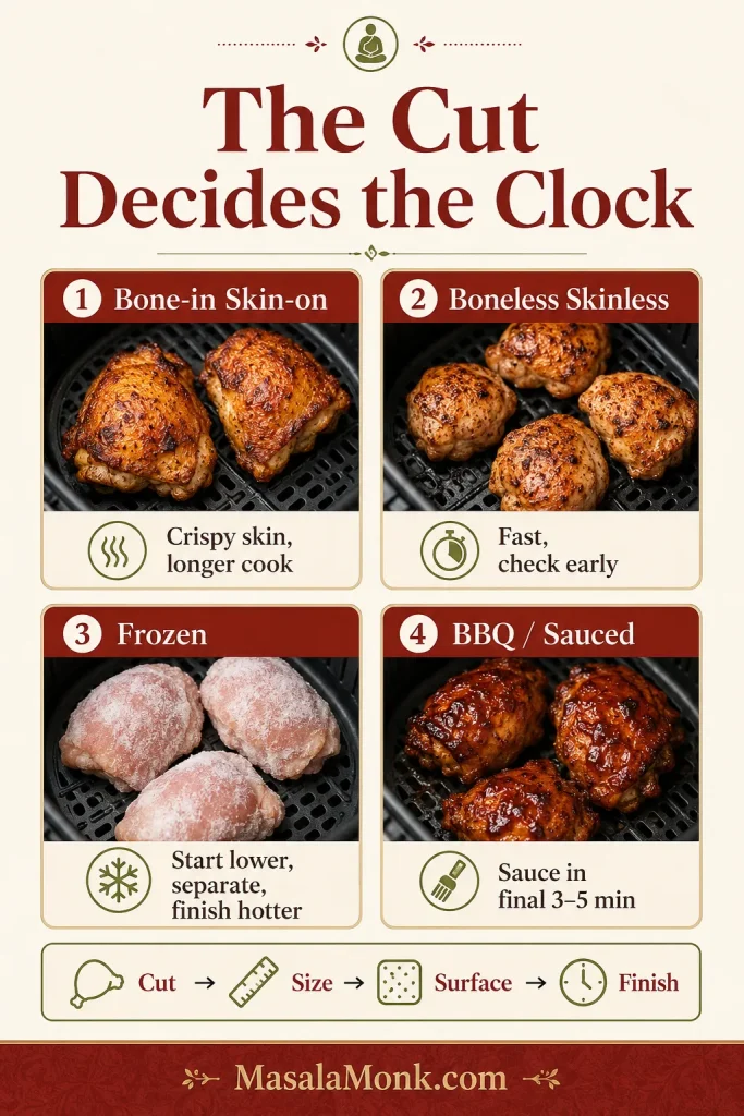 Guide to choosing air fryer chicken thigh timing for bone-in skin-on, boneless skinless, frozen, and BBQ sauced thighs.