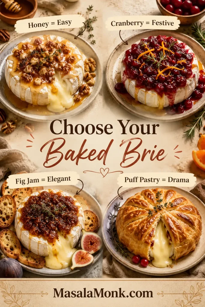 Guide showing four baked brie versions with honey, cranberry, fig jam, and puff pastry.