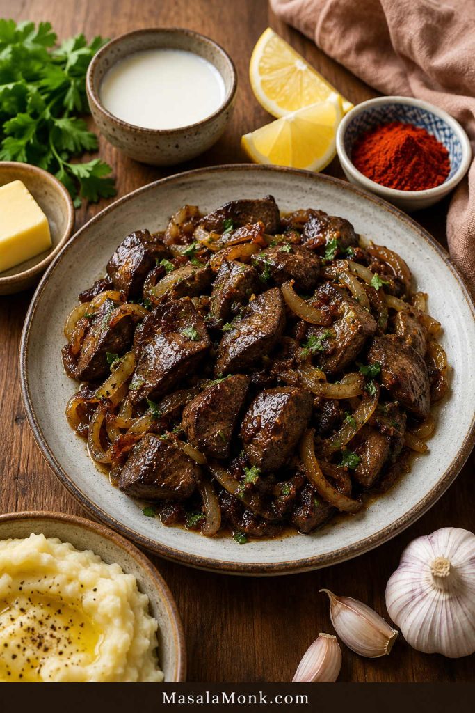 Cooked chicken liver with onions served with milk, lemon wedges, spices, butter, and mashed potatoes nearby.