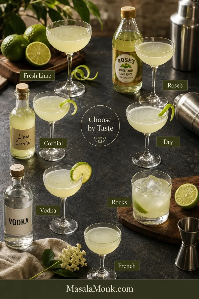 Gimlet style guide with labeled Fresh Lime, Rose’s, Cordial, Dry, Vodka, Rocks, and French options around cocktail glasses and bottles.