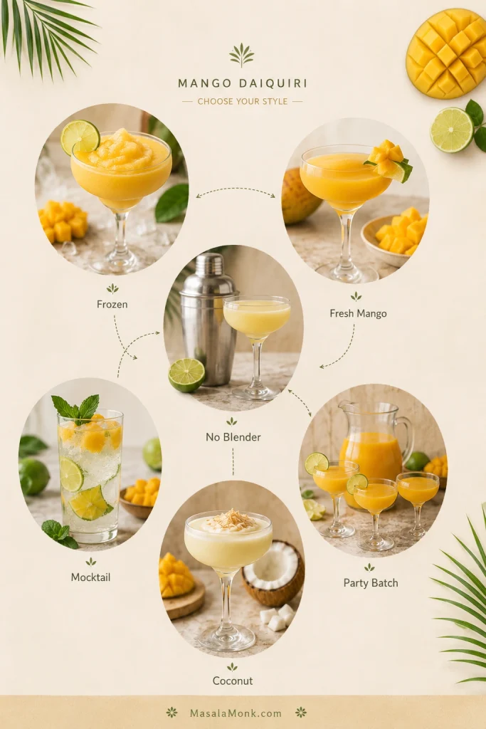 Guide board showing frozen, fresh mango, no-blender, mocktail, coconut, and party batch mango daiquiri versions with small drink and ingredient photos.