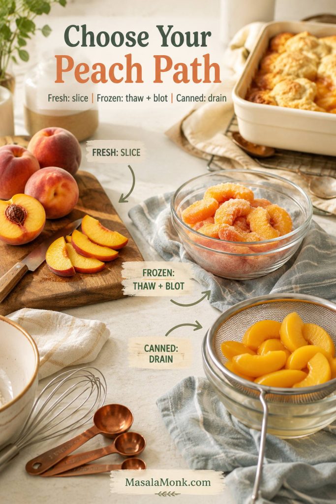 Peach cobbler guide showing fresh peaches being sliced, thawed frozen peaches being blotted, and canned peaches draining in a sieve.