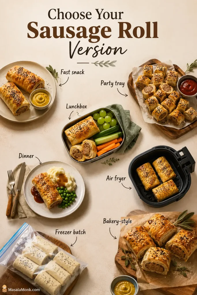 Decision board showing sausage rolls for a fast snack, party tray, lunchbox, dinner, air fryer batch, freezer batch, and bakery-style serving.