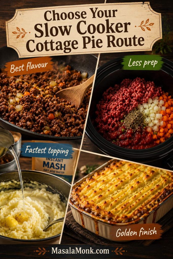 Route chooser showing browned mince, raw mince shortcut, instant mash, and golden finish options for slow cooker cottage pie.