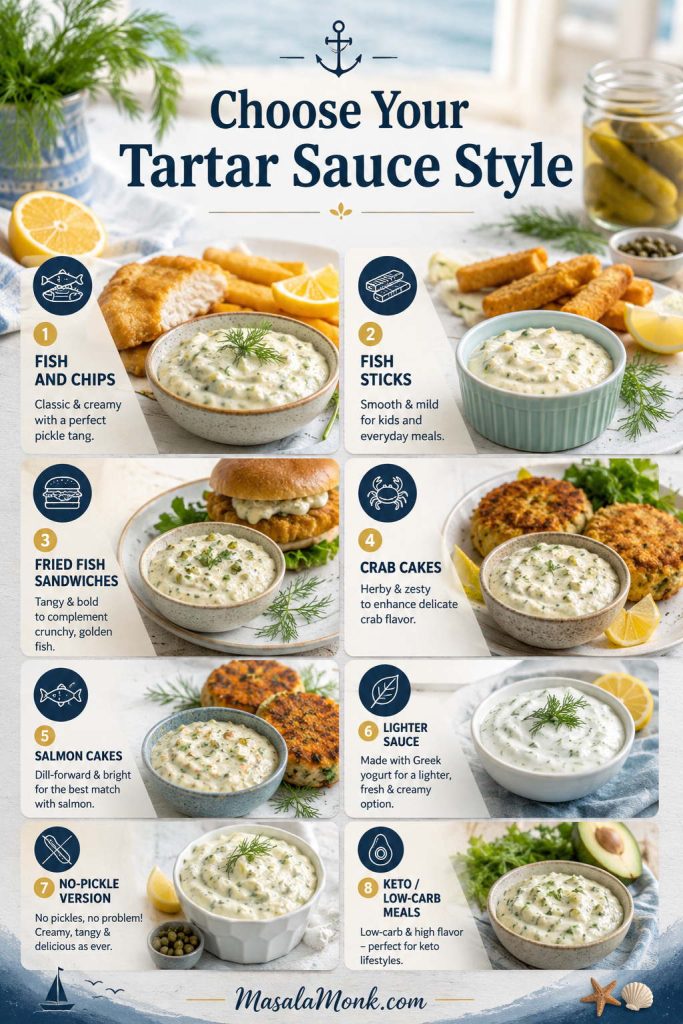 Guide showing tartar sauce styles for fish and chips, fish sticks, fried fish sandwiches, crab cakes, salmon cakes, lighter sauce, no-pickle sauce, and low-carb meals