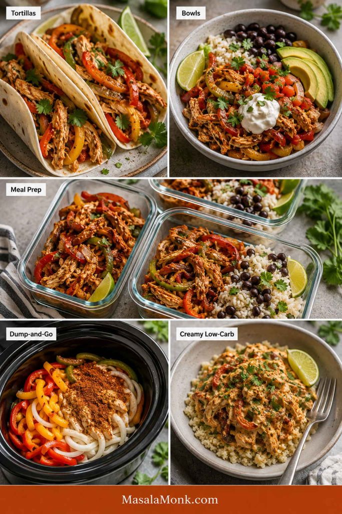 Visual guide showing slow cooker chicken fajitas served as tortillas, rice bowls, meal prep containers, dump-and-go style, and creamy low-carb fajita chicken.