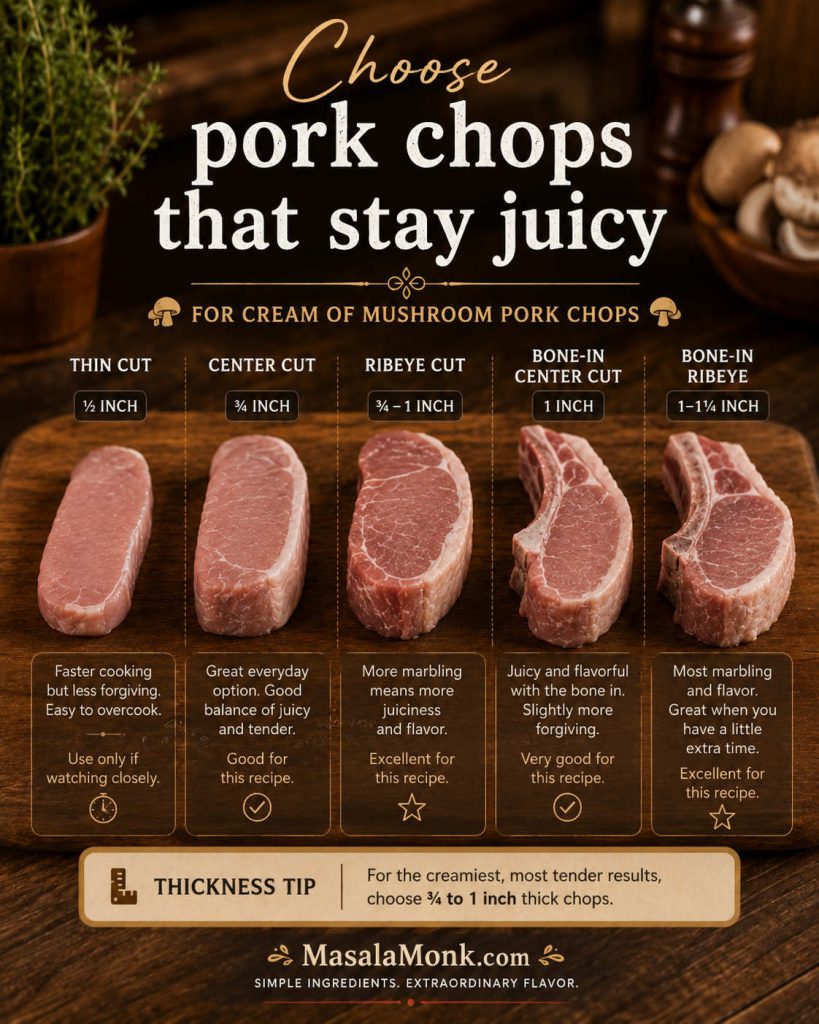 Pork chop selection guide showing thin cut, center cut, ribeye cut, bone-in center cut, and bone-in ribeye chops with thickness tips.