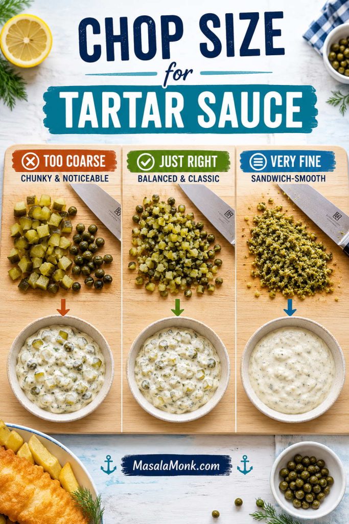Comparison of coarse, fine, and very fine chopped pickles and capers with tartar sauce texture samples