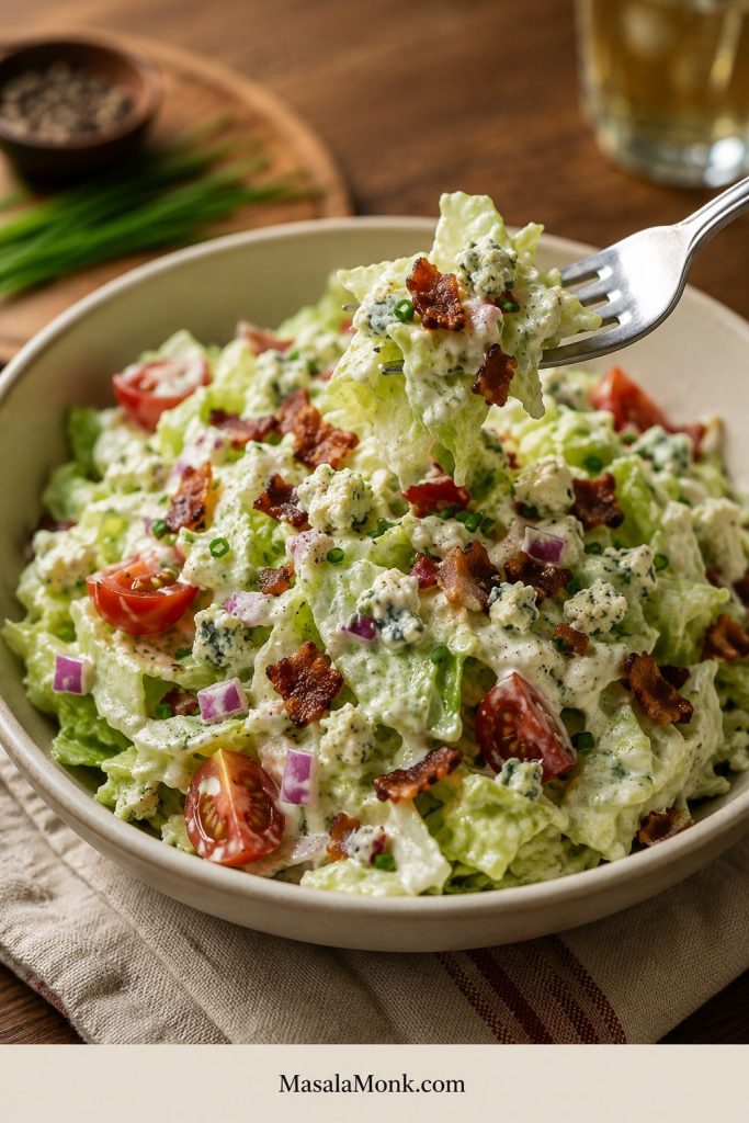 Chopped wedge salad in a shallow bowl with iceberg lettuce, bacon, tomatoes, red onion, chives, blue cheese crumbles, dressing, and a fork lifting a bite.