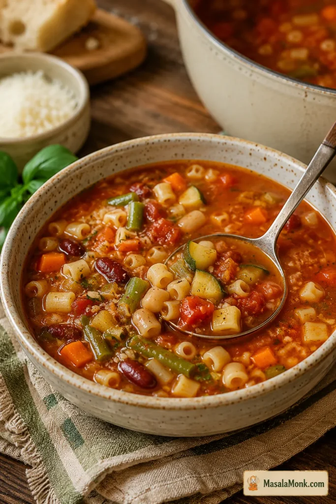 Close bowl of chunky but brothy minestrone soup with visible tomato broth, beans, pasta, carrots, zucchini, greens, and herbs.