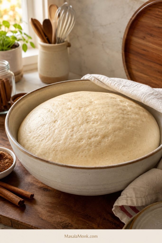 Cinnamon roll dough after the first rise, doubled and airy