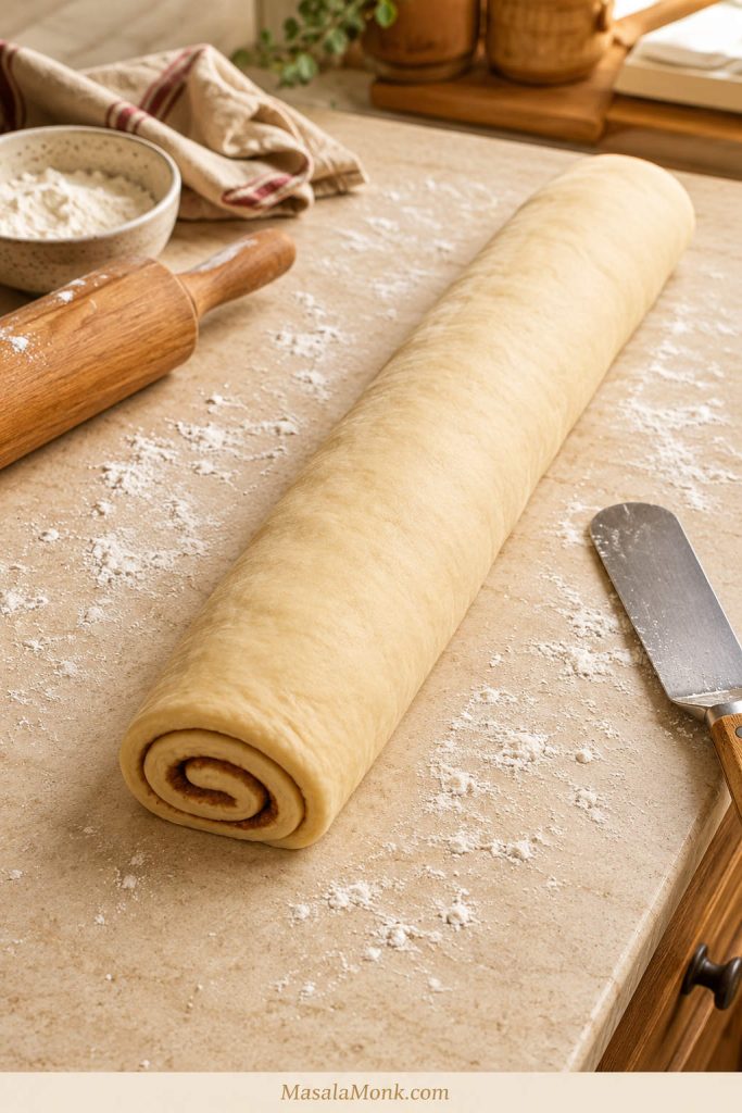 Cinnamon roll dough rolled into a log before cutting