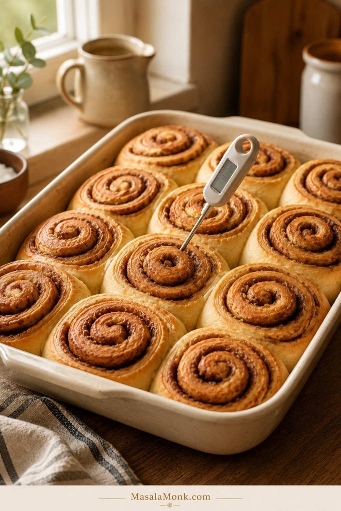 Instant-read thermometer checking the center roll for cinnamon roll doneness