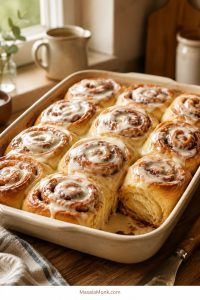 Rectangular pan of homemade cinnamon rolls with cream cheese icing melting into the swirls.
