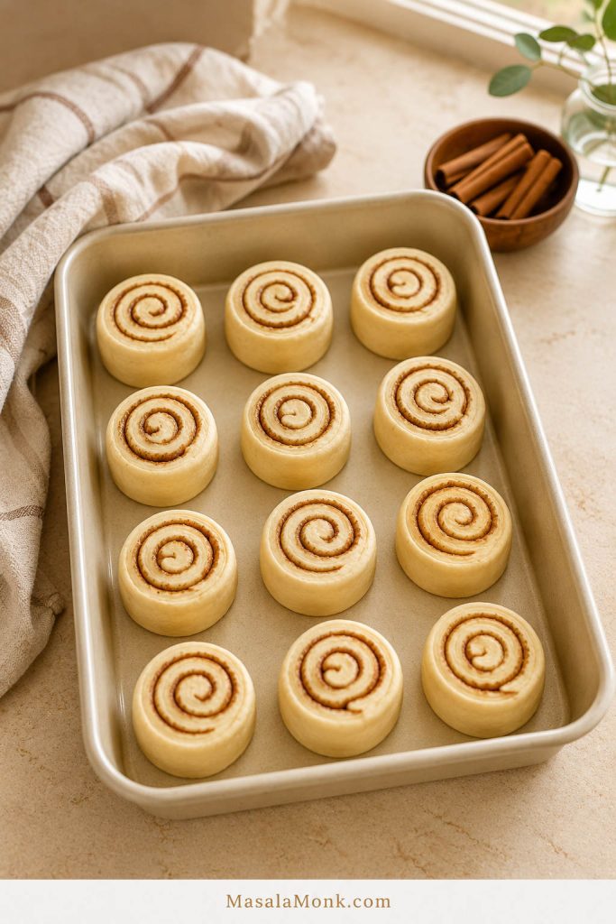 Cinnamon rolls arranged in a 9x13 pan before the second rise