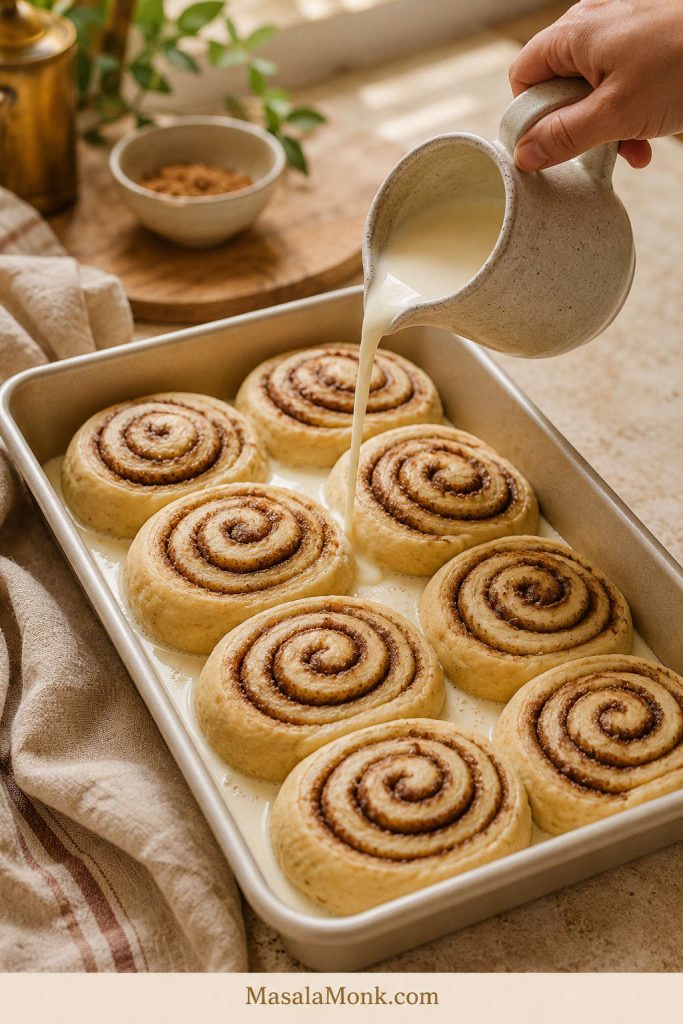 Warm heavy cream poured around cinnamon rolls before baking