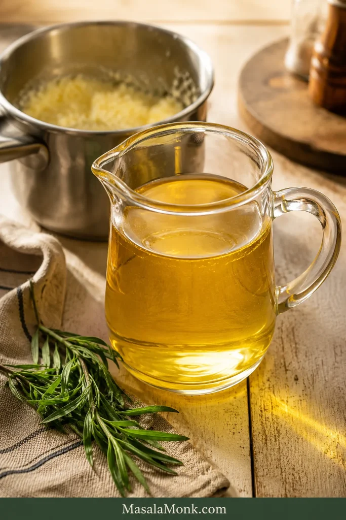 Clear golden clarified butter in a glass pouring jug with milk solids left behind in a saucepan.