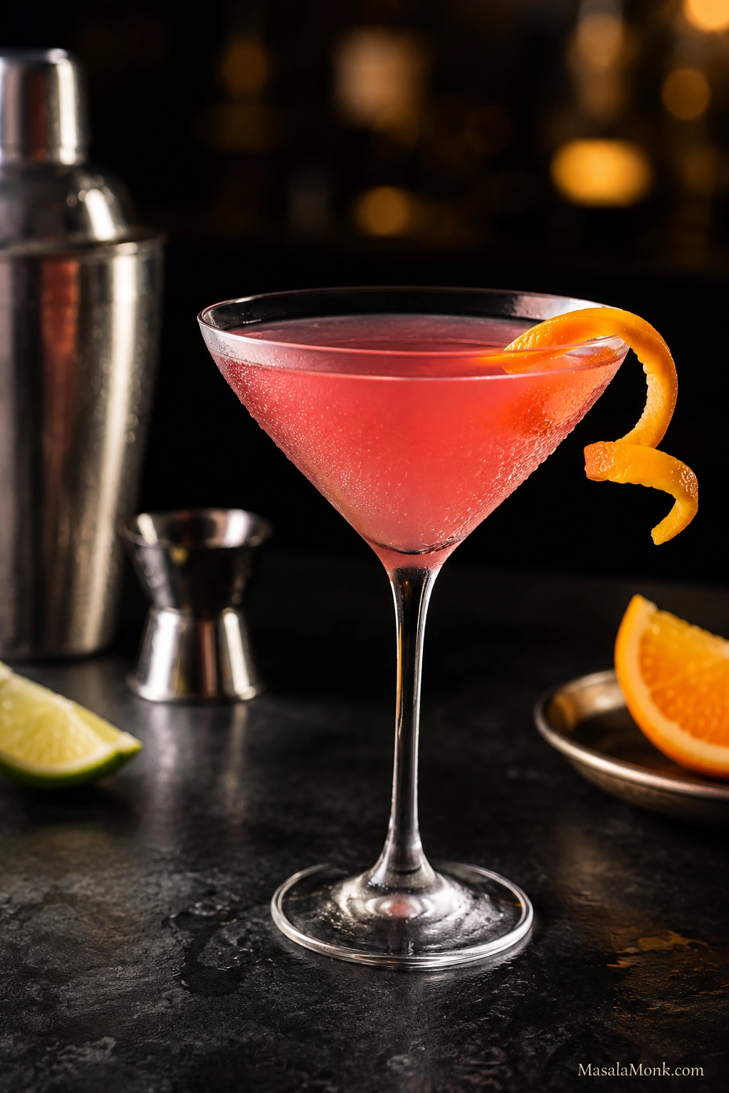 Classic Cosmopolitan cocktail in a chilled coupe glass with a curled orange twist on a dark bar surface.