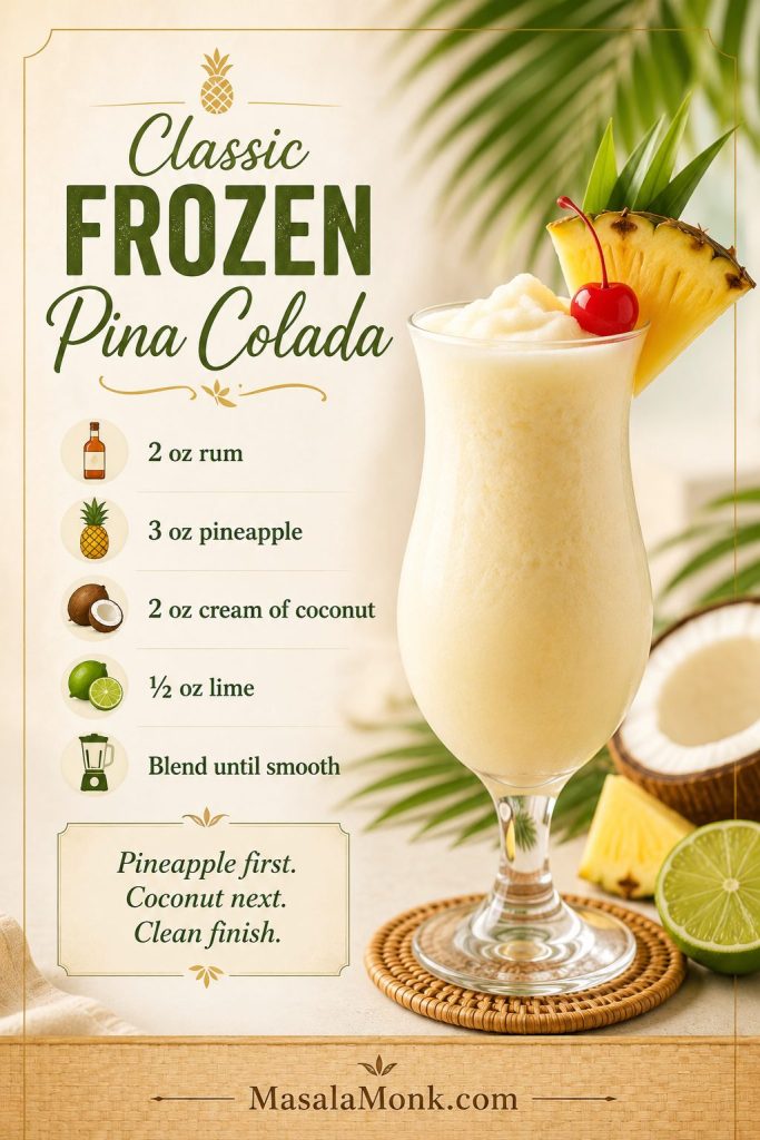 Classic frozen pina colada recipe card with rum, pineapple, cream of coconut, lime, and blend-until-smooth instructions.