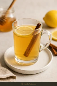 Classic hot toddy in a clear glass mug with whiskey, honey, lemon, cinnamon, and visible steam on a dark wooden table.